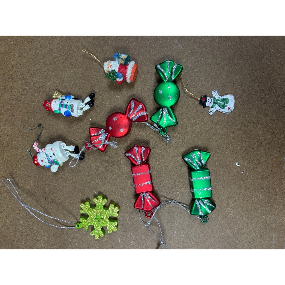 Vintage Mini Christmas Ornament Lot Santa Snowman Candy Snowflake Red Green